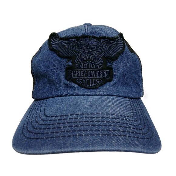 Harley Davidson Eagle Trucker Hat Denim Mesh Snapback Blue Black Retro Big Logo - Picture 1 of 7